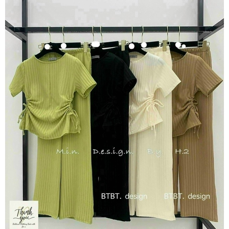 Sét bộ thời trang nữ mặc đi chơi chất thun gân  tay ngắn cổ tròn rút eo mix quần suông dài