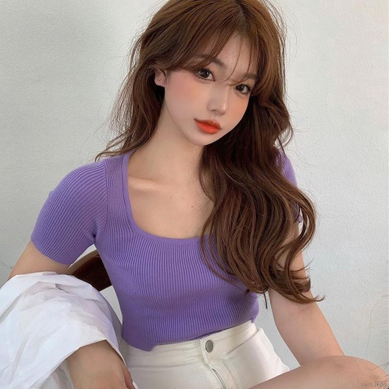Áo Croptop Dệt Kim Tay Ngắn Cổ Vuông Màu Trơn Phong Cách Hàn Quốc