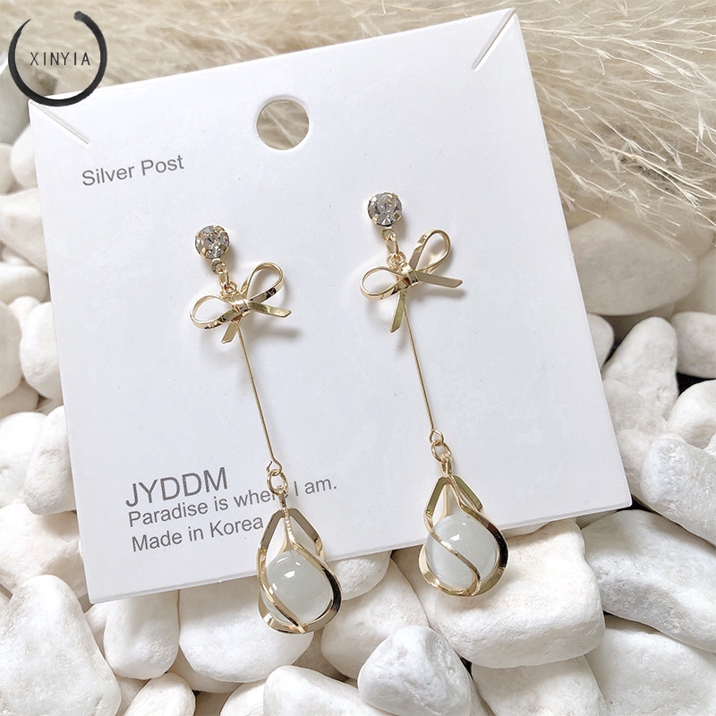 Khuyên Tai Dáng Dài Đính Nơ Xinh Xắn Phong Cách Hàn Quốc