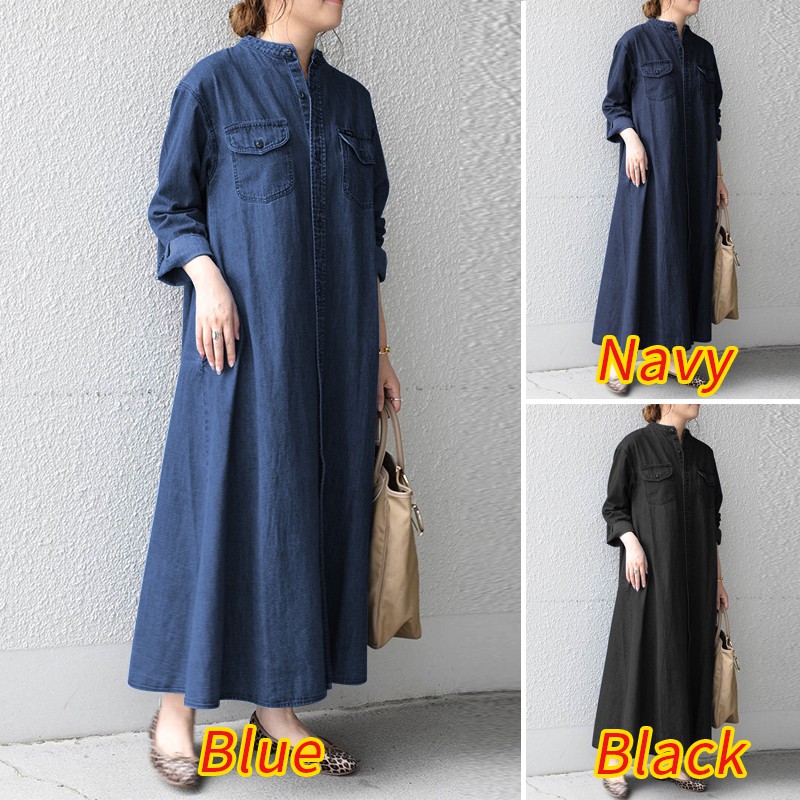 VONDA Đầm Denim Dài Tay Màu Trơn Phối Nút Thời Trang Xuân Thu Cho Nữ