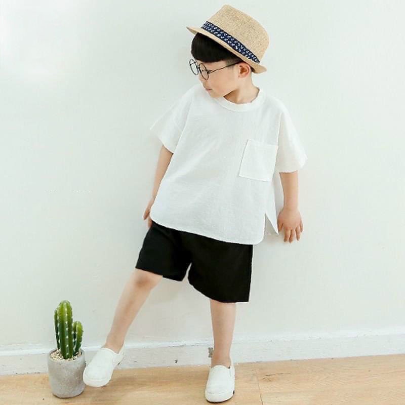 Bộ quần áo bé trai, Set áo phông ngắn tay xẻ tà túi ngực và quần đùi chất thô mềm cho bé từ 7-18 kg, SUN KID'S