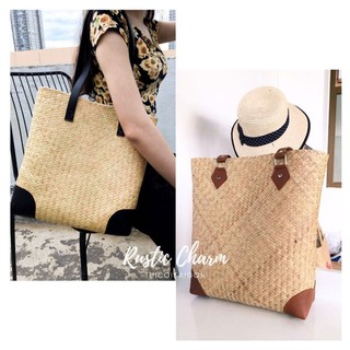 Tùi Tote Cói Phối Da Size Lớn Hai Màu Đen | Nâu