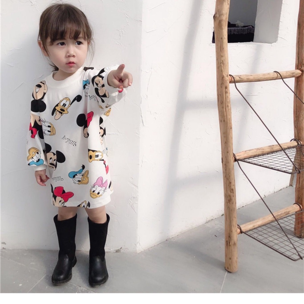 Đầm Thun Cotton Tay Dài In Hình Chuột Mickey Kiểu Mới Cho Nữ