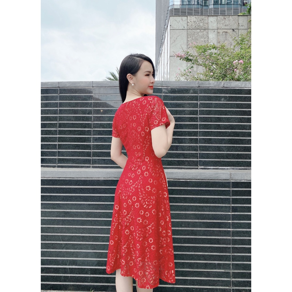 ĐẦM REN CỔ V PHỐI NGỌC - DAM 0020