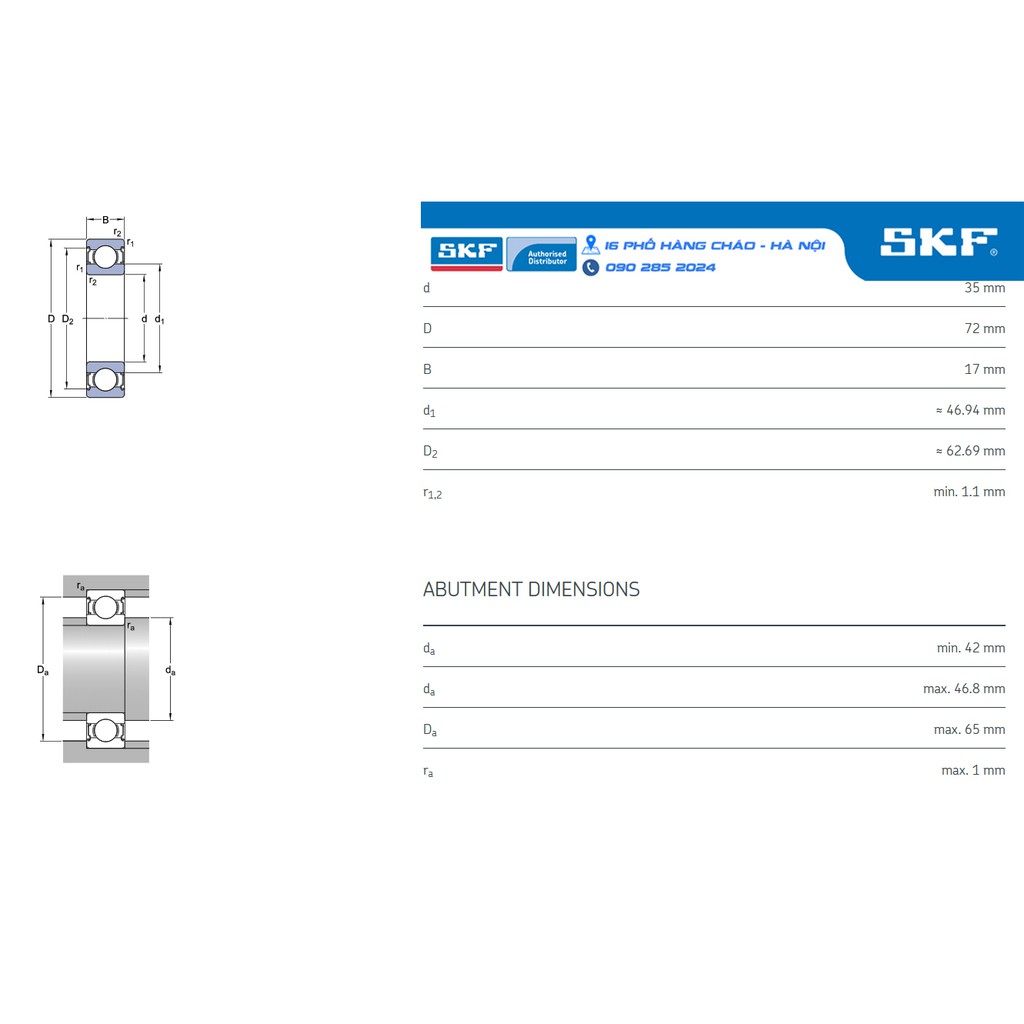 VÒNG BI SKF 6207-2Z/C3 chính hãng