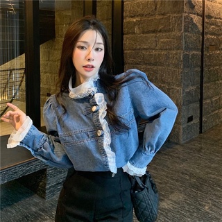áo sơ mi denim viền ren koreastyle