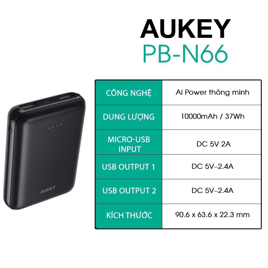 Pin Sạc Dự Phòng 10000mAh Aukey PB-N66 2 Cổng Sạc , Công Nghệ Airpower Thông Minh - Chính Hãng , Bảo Hành 24 Tháng