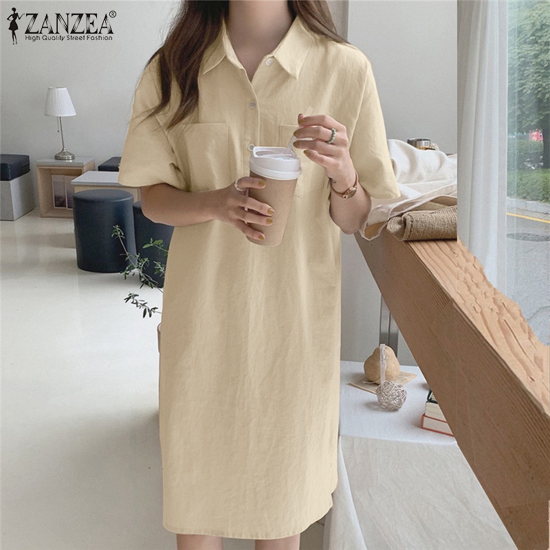 Đầm ZANZEA dáng rộng cổ bẻ ngắn tay thời trang cho nữ