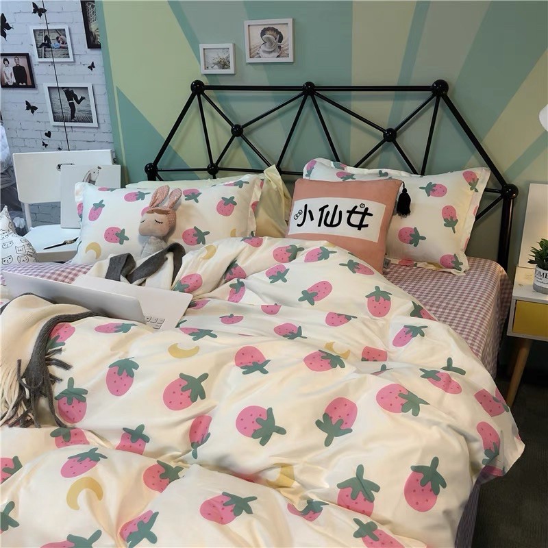 Set Chăn Ga Cotton Poly Dâu Ga Caro