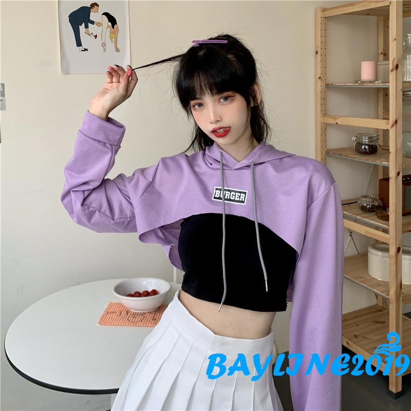Hoodie croptop tay dài thêu chữ trẻ trung cho nữ