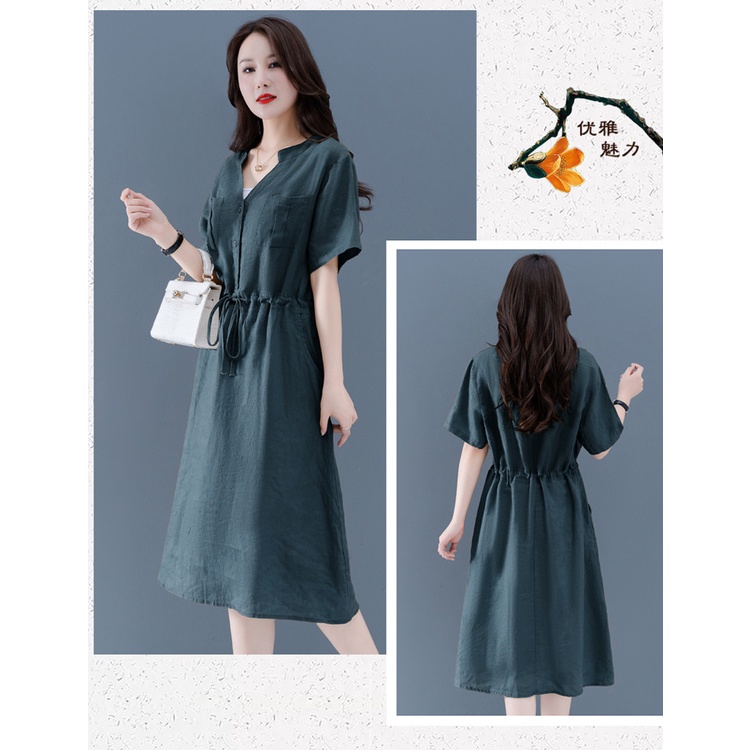 ( HÀNG SẴN) Đầm suông linen cổ V thắt eo 2 màu,thời trang nữ phong cách trẻ trung hàng mới về