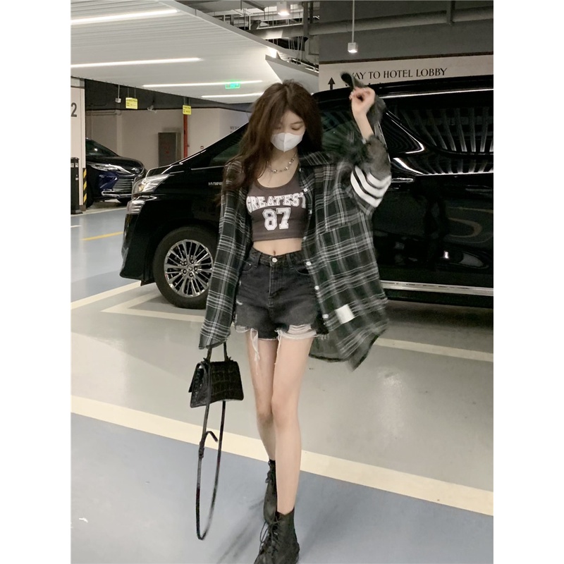 Áo Croptop Hai Dây / Áo Sơ Mi Ca Rô Dài Tay Thời Trang retro Dành Cho Nữ