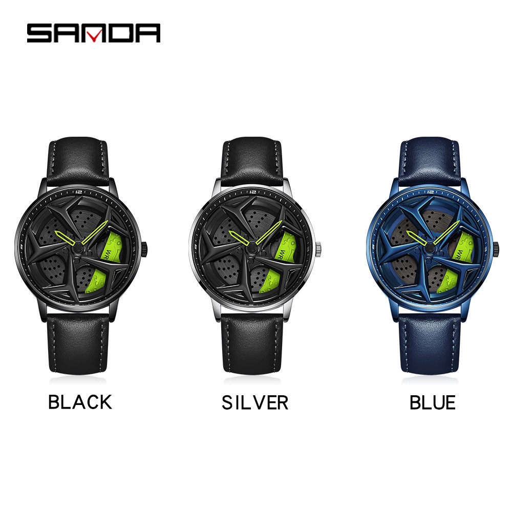 Đồng Hồ Gắn Vành Bánh Xe Hơi SANDA Xoay 360 Độ Cá Tính Cho Nam ° Đồng Hồ Quartz Chống Thấm Nước Với Dây Đeo Da