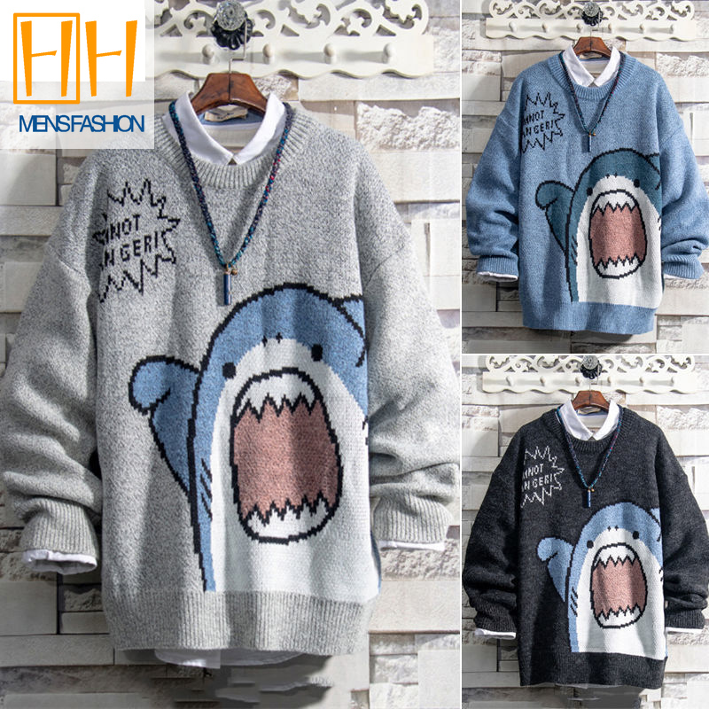 Korean Men's Knit Sweater Cute Shark Round Neck Loose Sweater