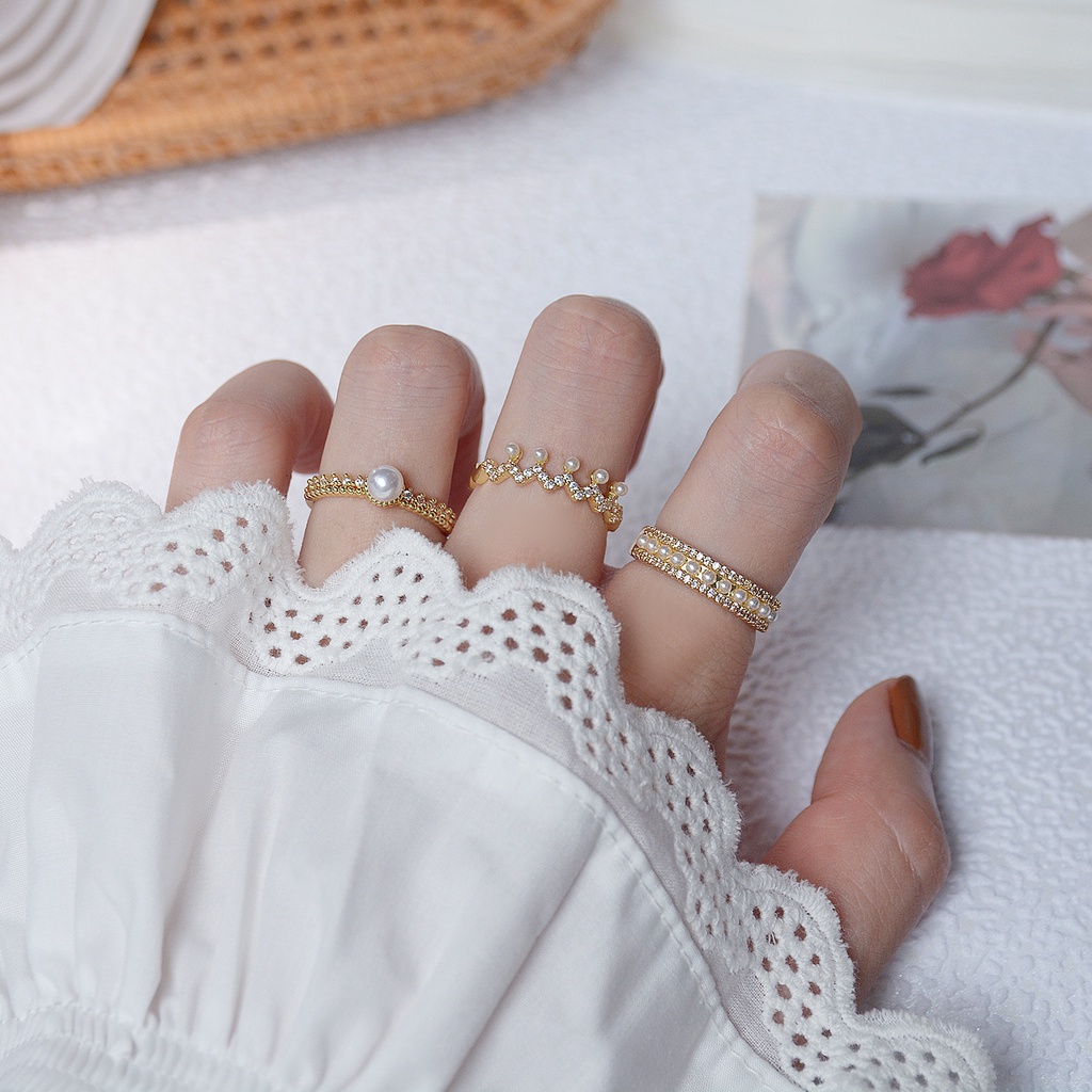 Nhẫn Đeo Tay Hình Gợn Sóng Đính Ngọc Trai Thời Trang Hàn Quốc