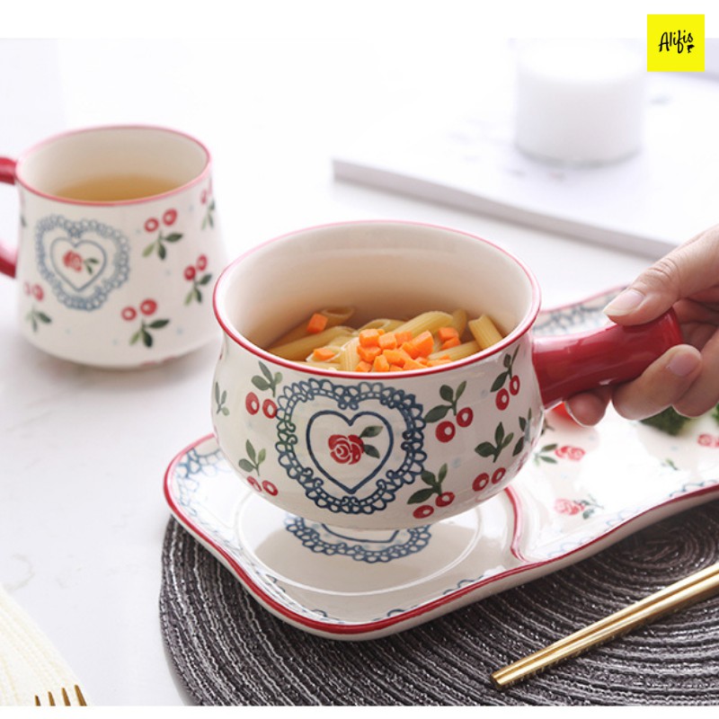 Set 2 món gồm tô sứ có tay cầm và khay sứ nhiều họa tiết đựng soup, salad, đồ ăn sáng tiện lợi Alifis