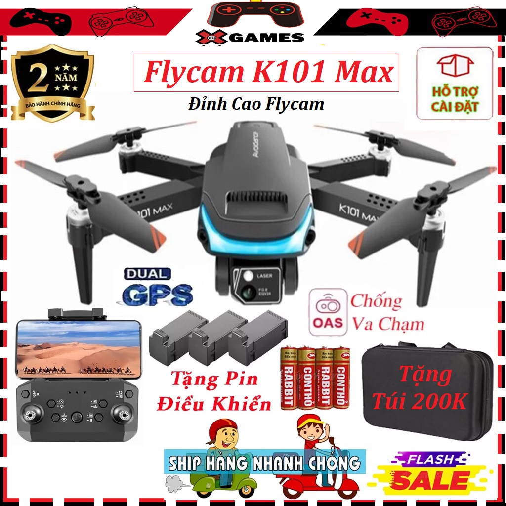 ✅Bộ 3 Pin✅Máy bay flycam K101 Max 2 camera 4k- động cơ không chổi than, play cam cảm biến tránh chướng ngại vật