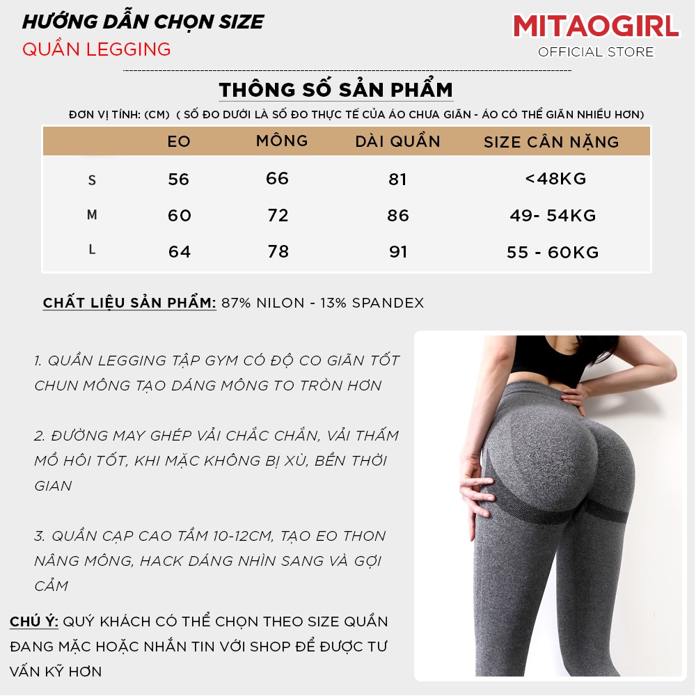Quần tập gym yoga nữ MITAOGIRL có chun mông dáng legging dài chất vải dệt kim co giãn cạp cao nâng mông