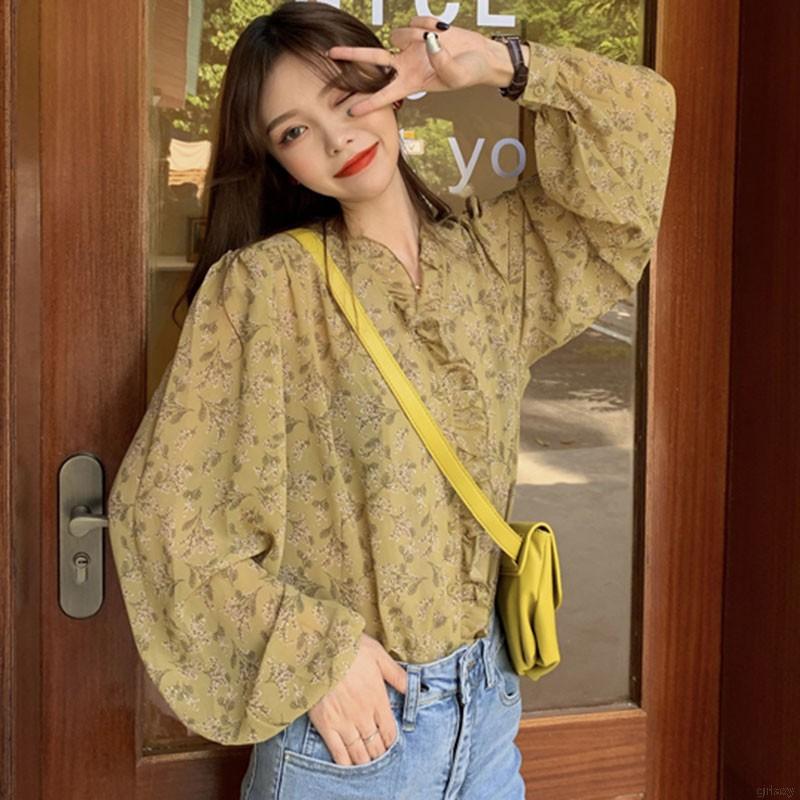 Áo nữ vải chiffon dáng rộng tay bo phồng họa tiết hoa duyên dáng phong cách Hàn