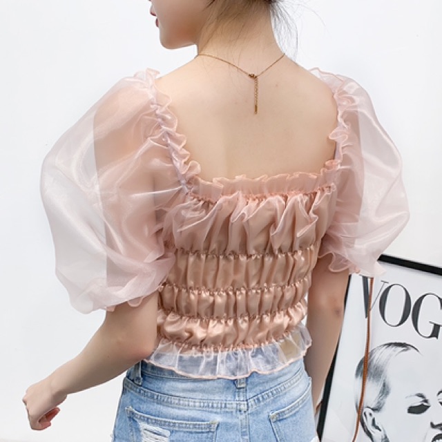 Áo croptop hồng, trễ vai, tay phồng ELLA TOP | BigBuy360 - bigbuy360.vn