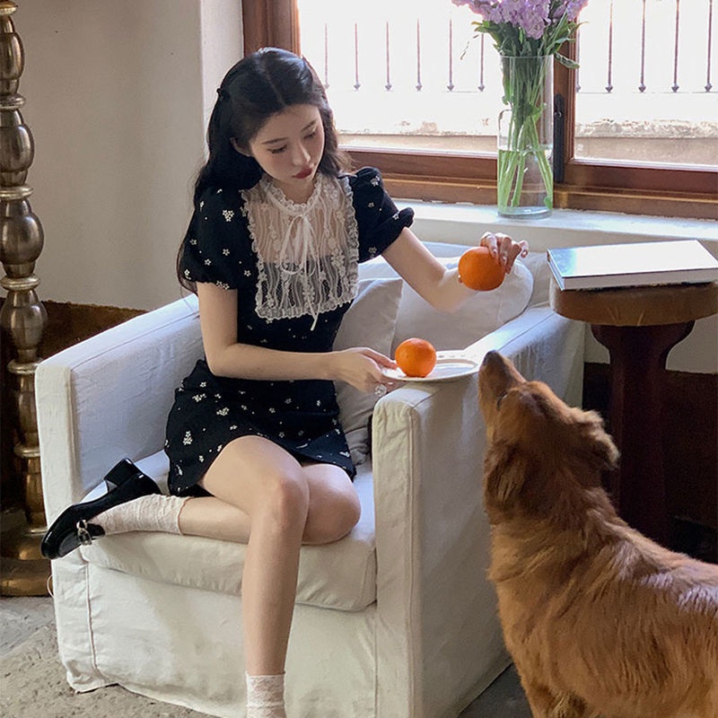 Đầm Đen Phối Ren In Họa Tiết Hoa Phong Cách Pháp Cổ Điển Thời Trang Mùa Hè Cho Nữ