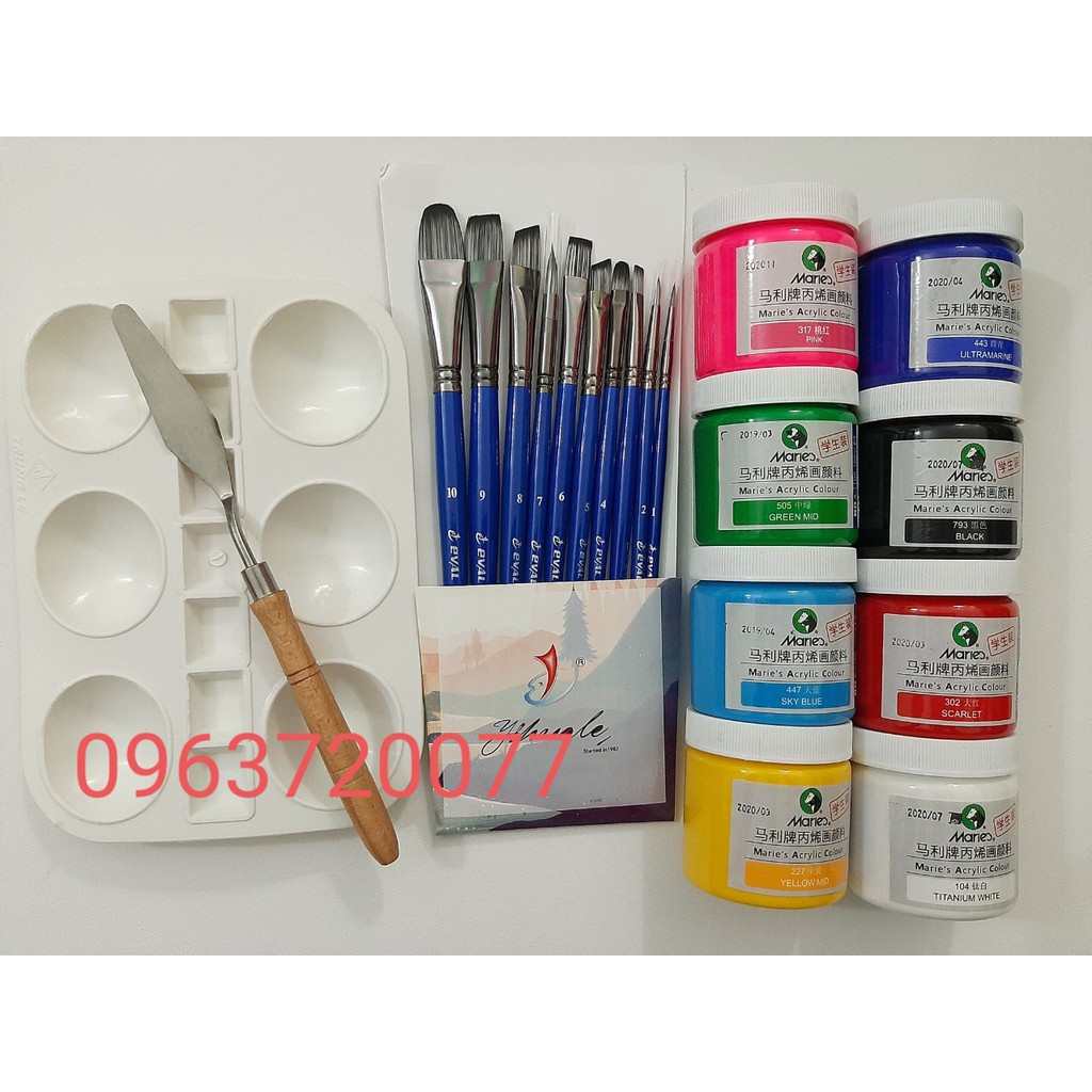 Combo màu acrylic + bay vẽ + cọ vẽ + palet ( cho người học vẽ)