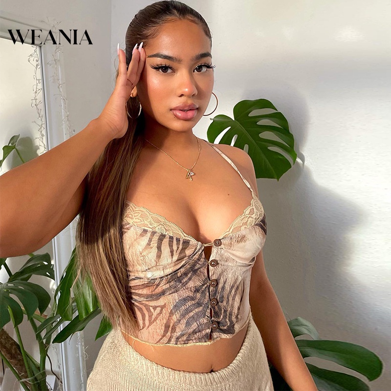 Áo Lửng Hai Dây Phối Ren Lưới Xuyên Thấu In Họa Tiết Hổ Quyến Rũ Phong Cách Mùa Hè