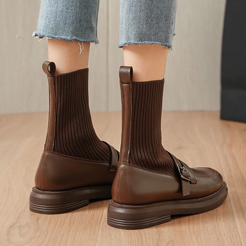 Giày boot Martin RENBEN bằng da co giãn đế bằng phong cách Anh Quốc thời trang xuân thu cho nữ
