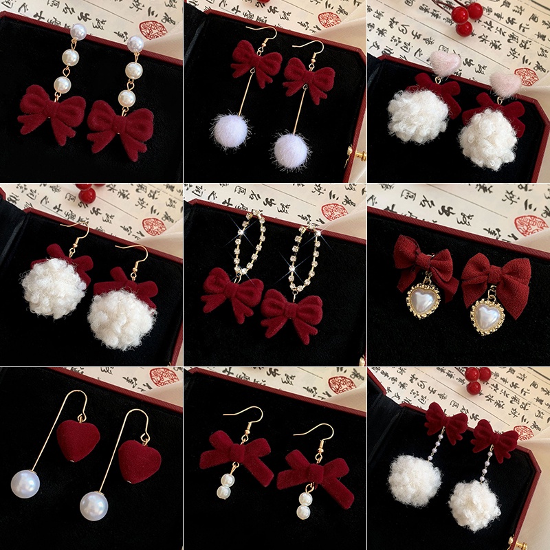 Khuyên Tai Nơ Đỏ Rượu Đính Ngọc Trai Nhân Tạo Phong Cách Cổ Điển Mới