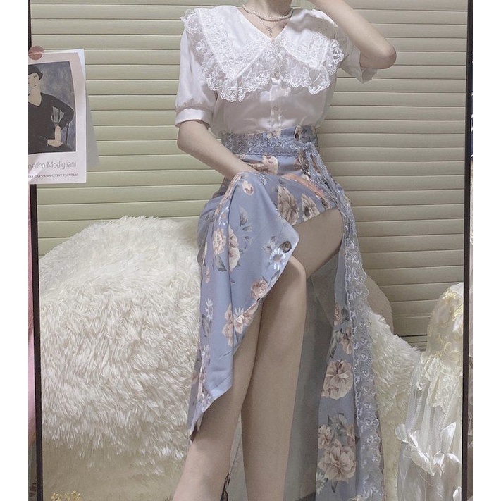 Sét váy sơ mi phối ren chân váy xẻ tà vintage tay phồng công chúa B245