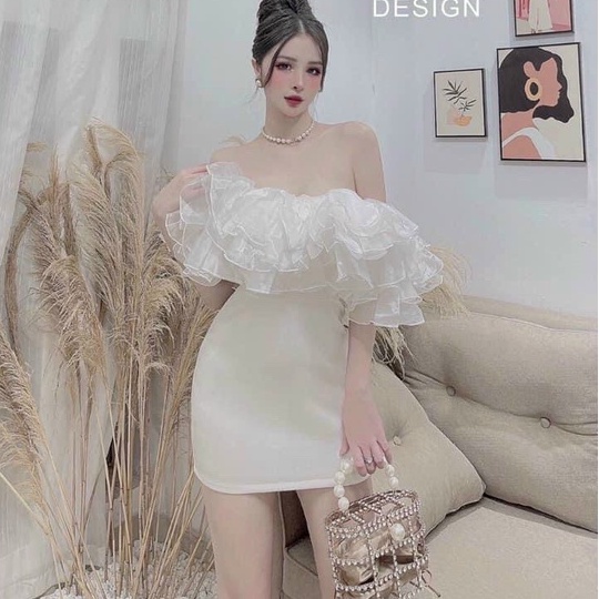 Đầm Dự Tiệc Body Trễ Vai Voan Kiếng Xếp Tầng  (CÓ MÚT NGỰC) 2 Màu Trắng &amp; Đen Sang Chảnh Thời Trang Váy Nữ Xm Minh Phúc