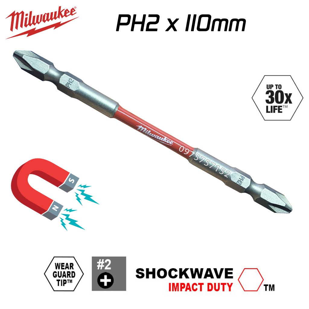Mũi vít Milwaukee Mỹ siêu bền PH2 dài 110mm, mũi bắt vít 2 đầu 4 cạnh bake có nam châm từ siêu cứng, chống gỉ, chống tòe