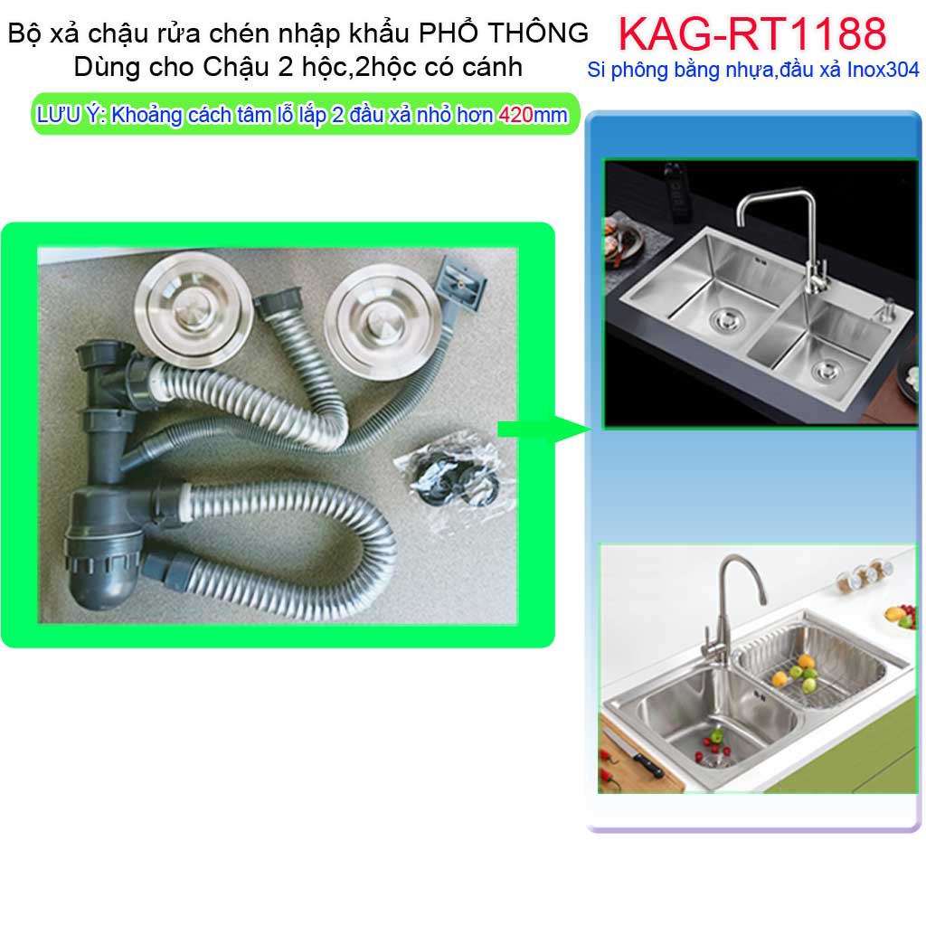 Bộ xả chậu chén bát 2 hố trọn bộ, ống xả xi phông chậu rửa chén bát 2 hộc KAG-RT1188