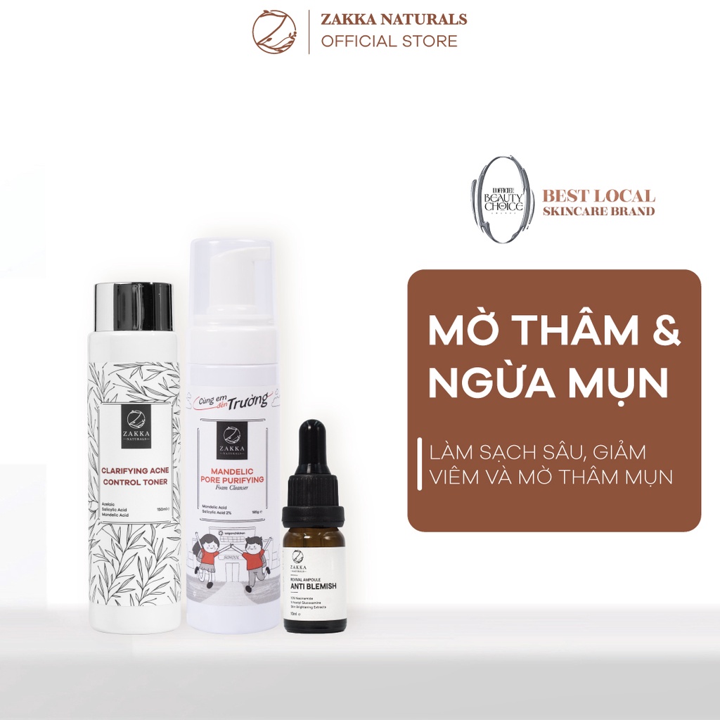 Combo Ngừa Mụn, Sáng Da Zakka Naturals 6 (Sữa rửa mặt Mandelic - Toner Mandelic - Serum B3)