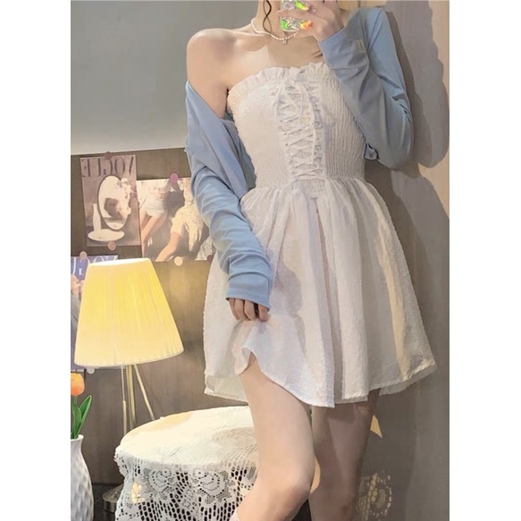 Set Áo Khoác Cardigan Kèm Váy Đầm Cúp Ngực Trắng Thắt Dây Sexy Ulzzang Hàn Quốc