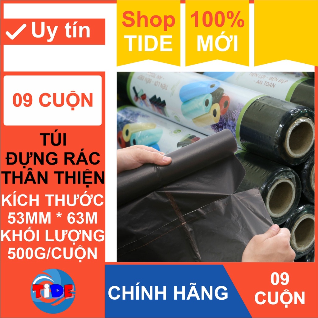 [09 cuộn] Túi đựng rác thân thiện (KT: 53cm x 63cm x 500g) – Màu đen – Túi dày và sạch không mùi – Xé tay tiện lợi