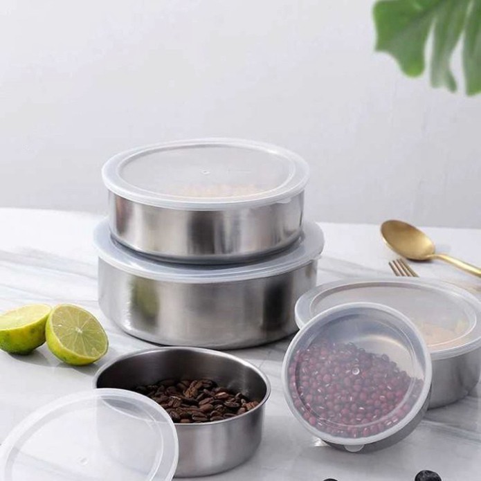 Set 5 bát inox đựng thức ăn có nắp đậy silicon