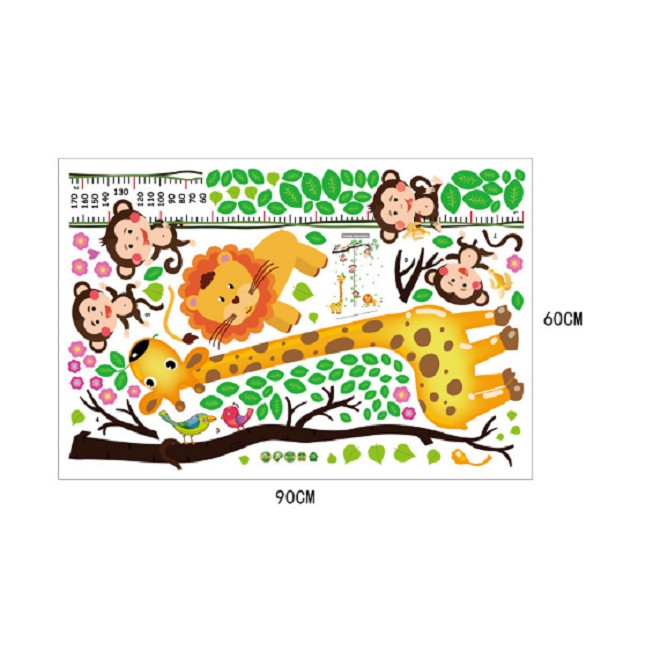 Decal dán tường đo chiều cao hươu cao cổ và 4 chú khỉ 60x 90 cm cho bé