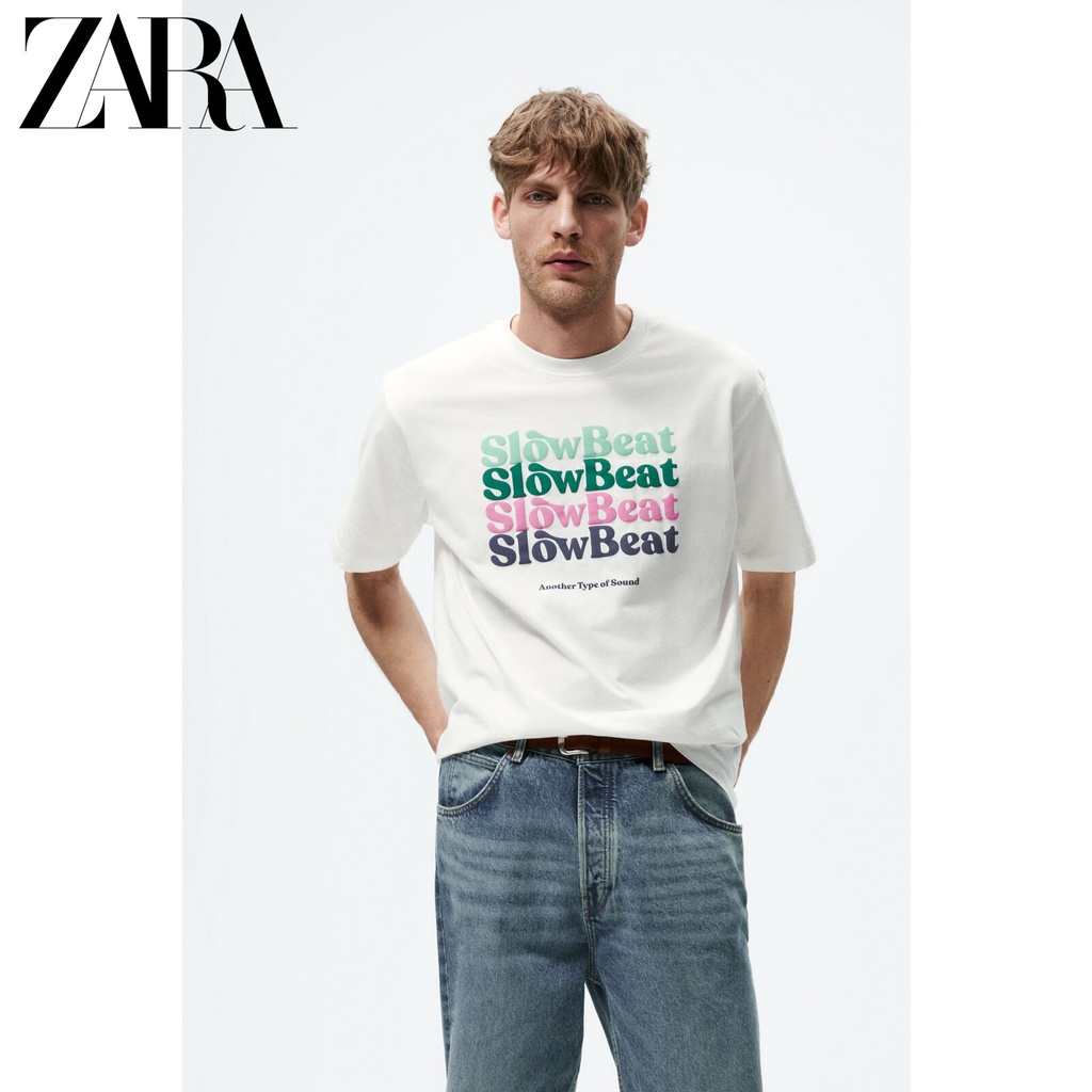 Áo Thun Cotton Ngắn Tay Cổ Tròn In Chữ ZARA Cá Tính Cho Nam