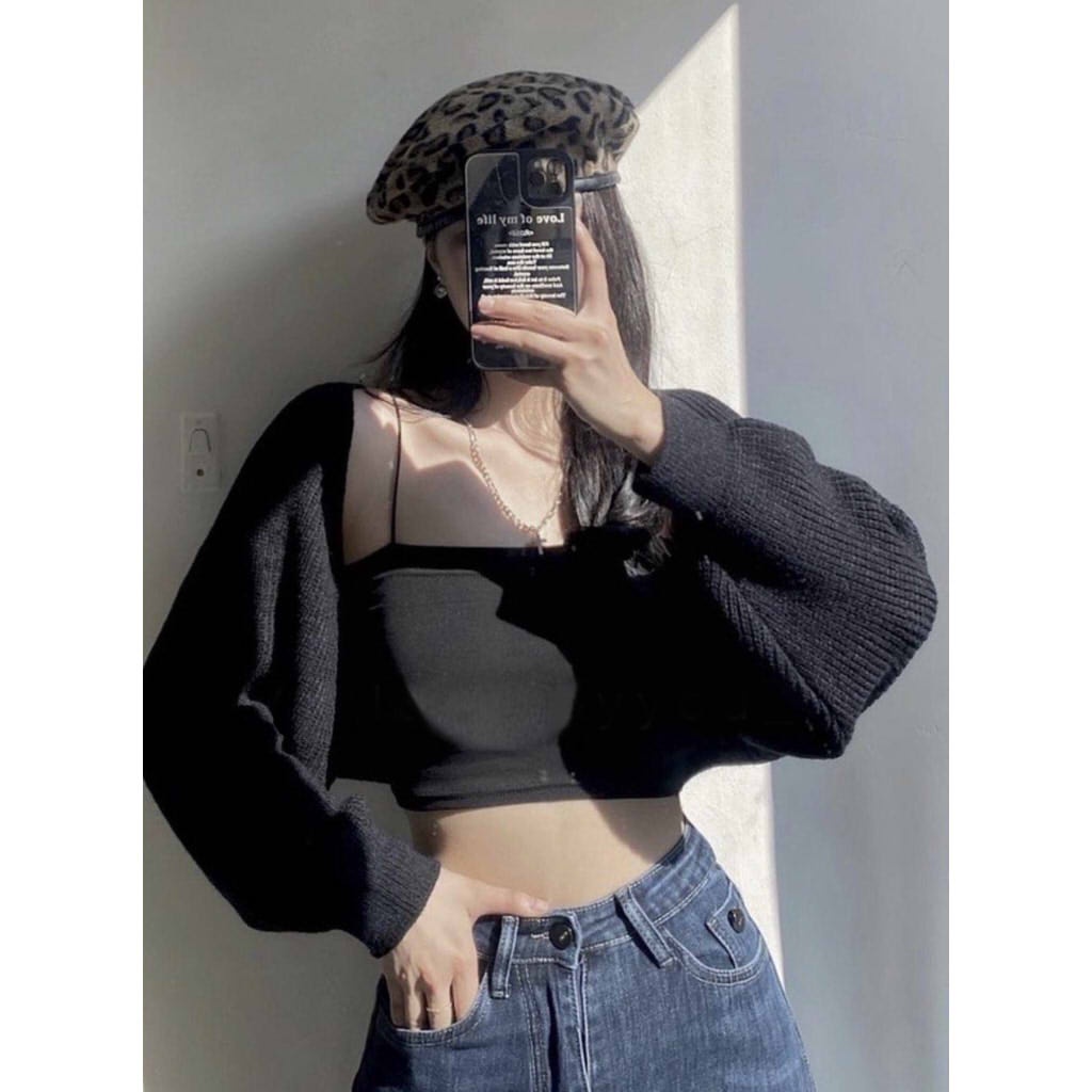 SA002 Bộ áo khoác cardigan mỏng, tay bo phồng và áo hai dây croptop ôm body sexy phong cách bánh bèo tiểu thư cute