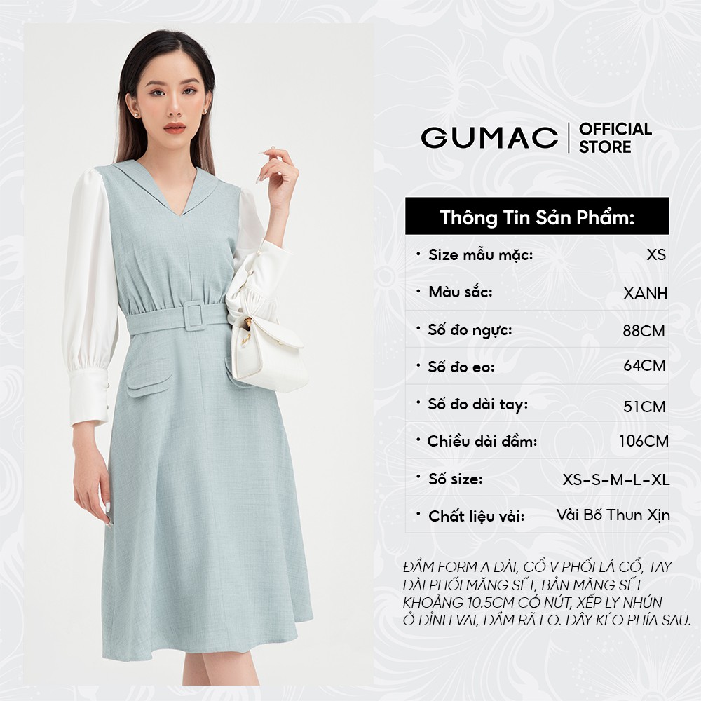 [Mã MABR07062 giảm 8% tối đa 50K đơn từ 249K] Đầm ôm nữ tay dài đai eo GUMAC thiết kế công sở thanh lịch màu xanh DB440 | BigBuy360 - bigbuy360.vn