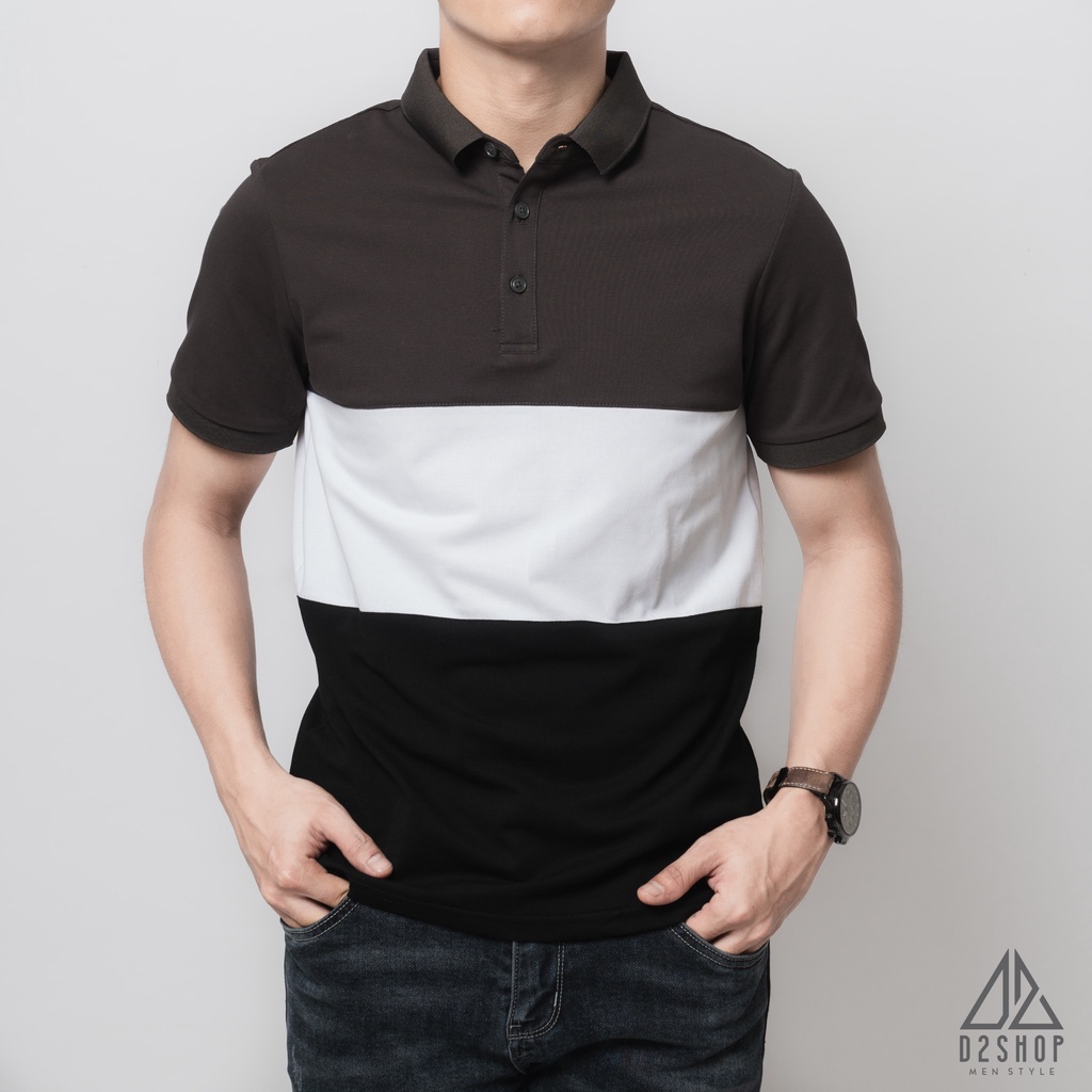 Áo thun polo nam D2shop, áo polo nam phối 3 màu xám trắng đen
