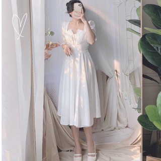 Đầm trắng dáng xoè ngực xếp bo eo kt