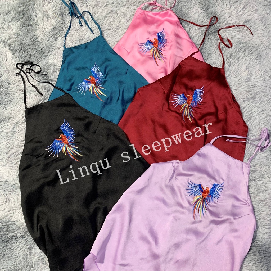 Đồ ngủ nữ Linqu Store đồ ngủ thêu hạc cổ yếm chất lụa satin mềm mịn freeesize dưới 55kg