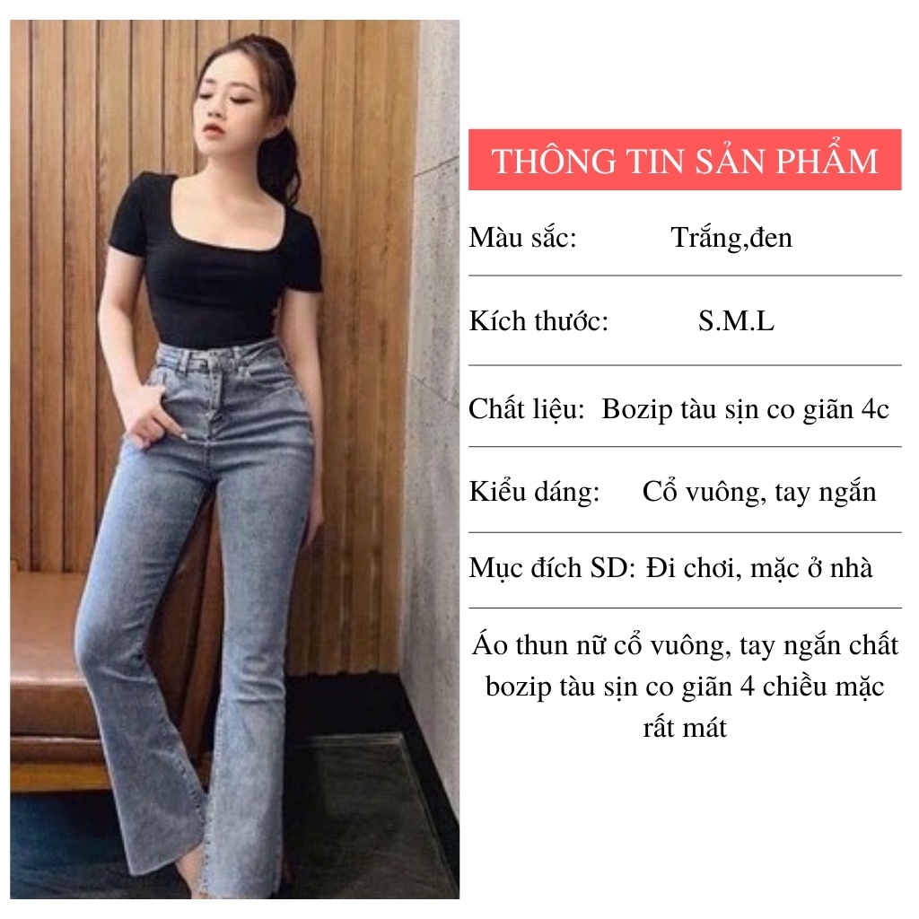 Áo thun cổ vuông nữ tay ngắn croptop chất bozip co giãn 4 chiều màu đen trắng thời trang DUMISA | BigBuy360 - bigbuy360.vn