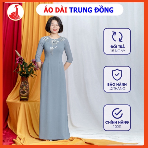 Áo dài 4 tà màu ghi xám cổ tròn tay lỡ đính kết | Áo dài Trung Đồng