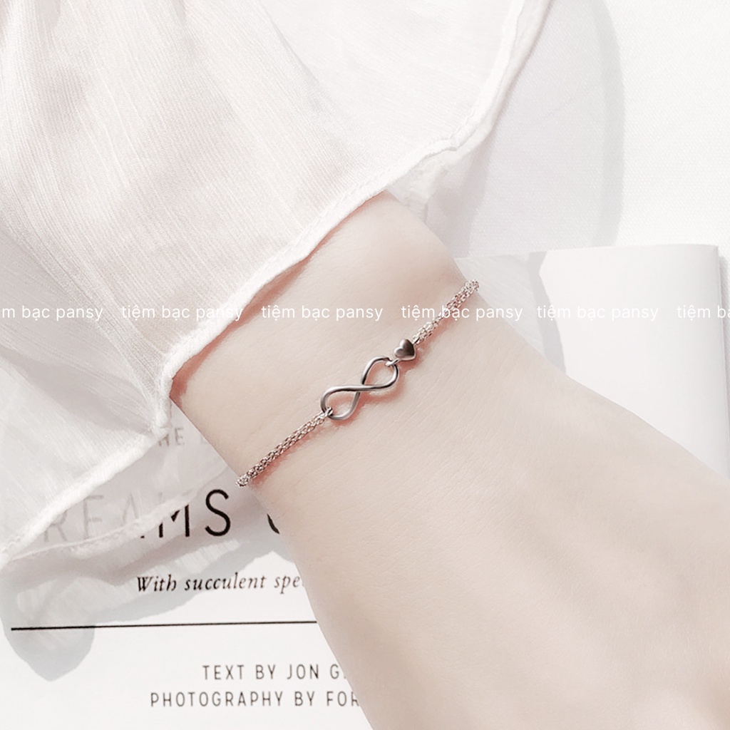 Lắc tay bạc nữ PANSY kí hiệu vô cực nối trái tim, vòng tay dây đôi bạc thật cao cấp