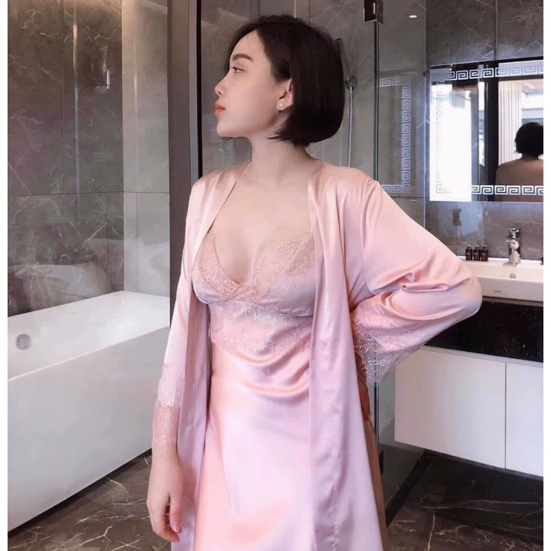 Set Đồ Ngủ, Váy Ngủ Lụa Kèm Áo Choàng Phối Ren Siêu Mềm Mịn Và Mát Cho Nữ Có Tặng Kèm Mút Ngực | BigBuy360 - bigbuy360.vn