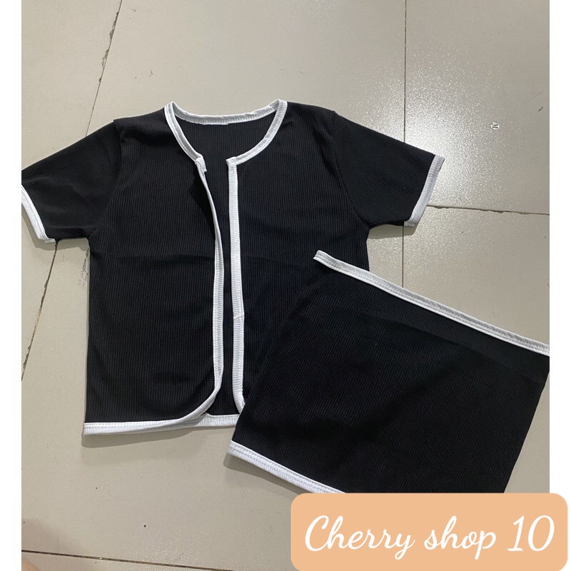 Set bộ nữ croptop áo gân viền+ áo ống lót (set 2 món)