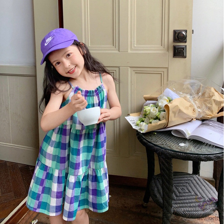 Đầm Sát Nách Đi Biển Mùa Hè In Họa Tiết Kẻ Sọc Phong Cách Hàn Quốc Cho Bé Gái